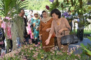 BETTY Chew (kanan sekali) melihat pokok orkid di Taman Botani bersama Majimor Sharif (dua dari kanan) di samping Yang Di-Pertua Majlis Perbandaran Seberang Perai (MPSP), Maimunah Mohd. Sharif (tiga dari kanan) bersempena penganjuran Pesta Orkid Negeri Pulau Pinang 2011, di sini baru-baru ini.