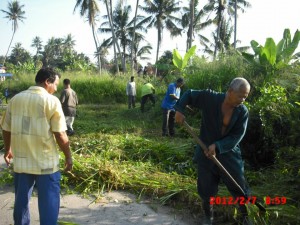 B E B E R A PA p e n d u d u k setempat gigih membersihkan kawasan di sekitar surau P e r m a t a n g Rawa dalam p r o g r a m gotong-royong di sini barubaru ini.