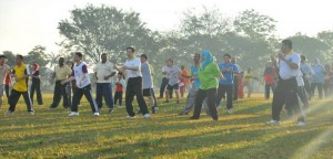 (Barisan depan, dari kanan). TAN Beng Huat, Maimunah Mohd. Sharif, Ketua Menteri dan Law Choo Kiang bersamasama warga MPSP dan orang ramai melakukan aksi senamrobik di Padang Awam Jawi di sini barubaru ini.